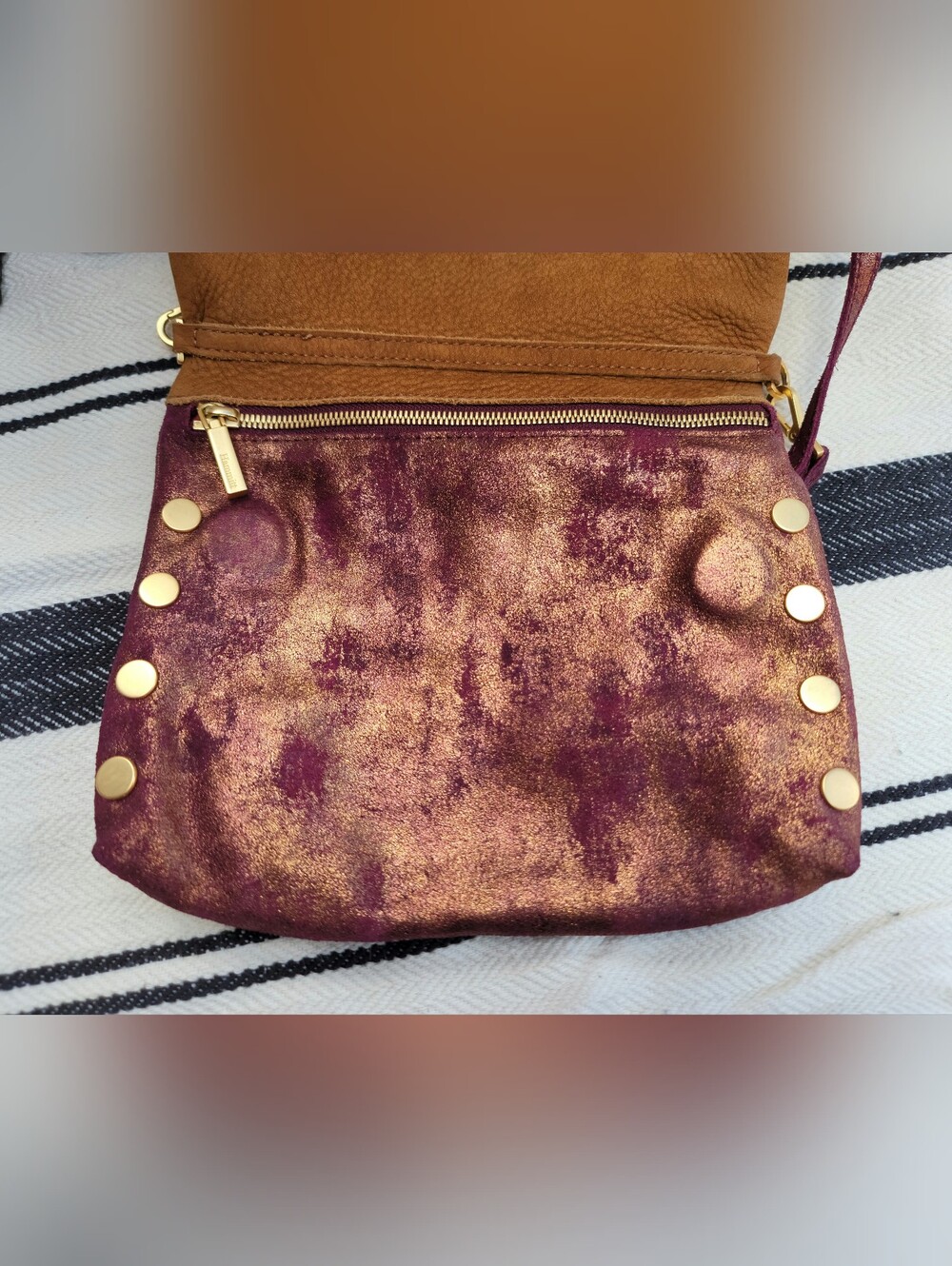 Hammit Leather Fold-Over Crossbody Bag in Brown and Plum with Gold Accents - Picture 7 of 15